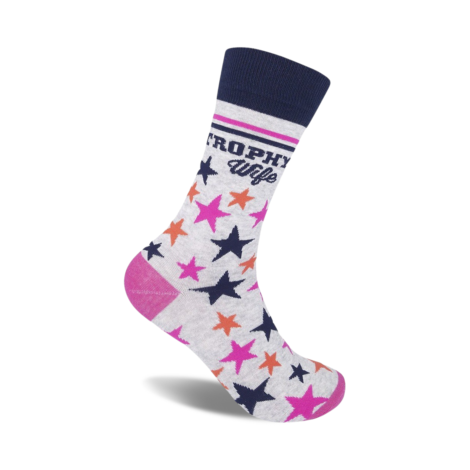 A single grey crew sock with navy, pink, and orange stars and the words 'Trophy Wife' printed on the side.