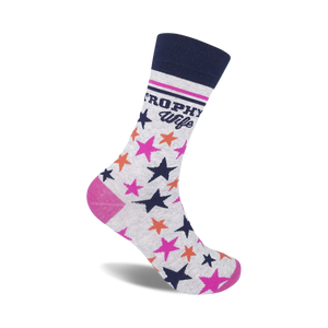 crew-length women's socks in gray with dark blue cuff, white background with 