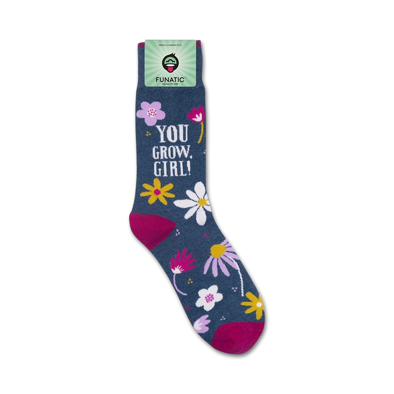 Close-up of 'You Grow, Girl' socks on their packaging.