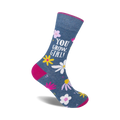 Crew socks in denim blue with pink accents. Features daisies and the text 'You Grow, Girl!'