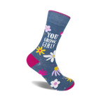 Crew socks in denim blue with pink accents. Features daisies and the text 'You Grow, Girl!'