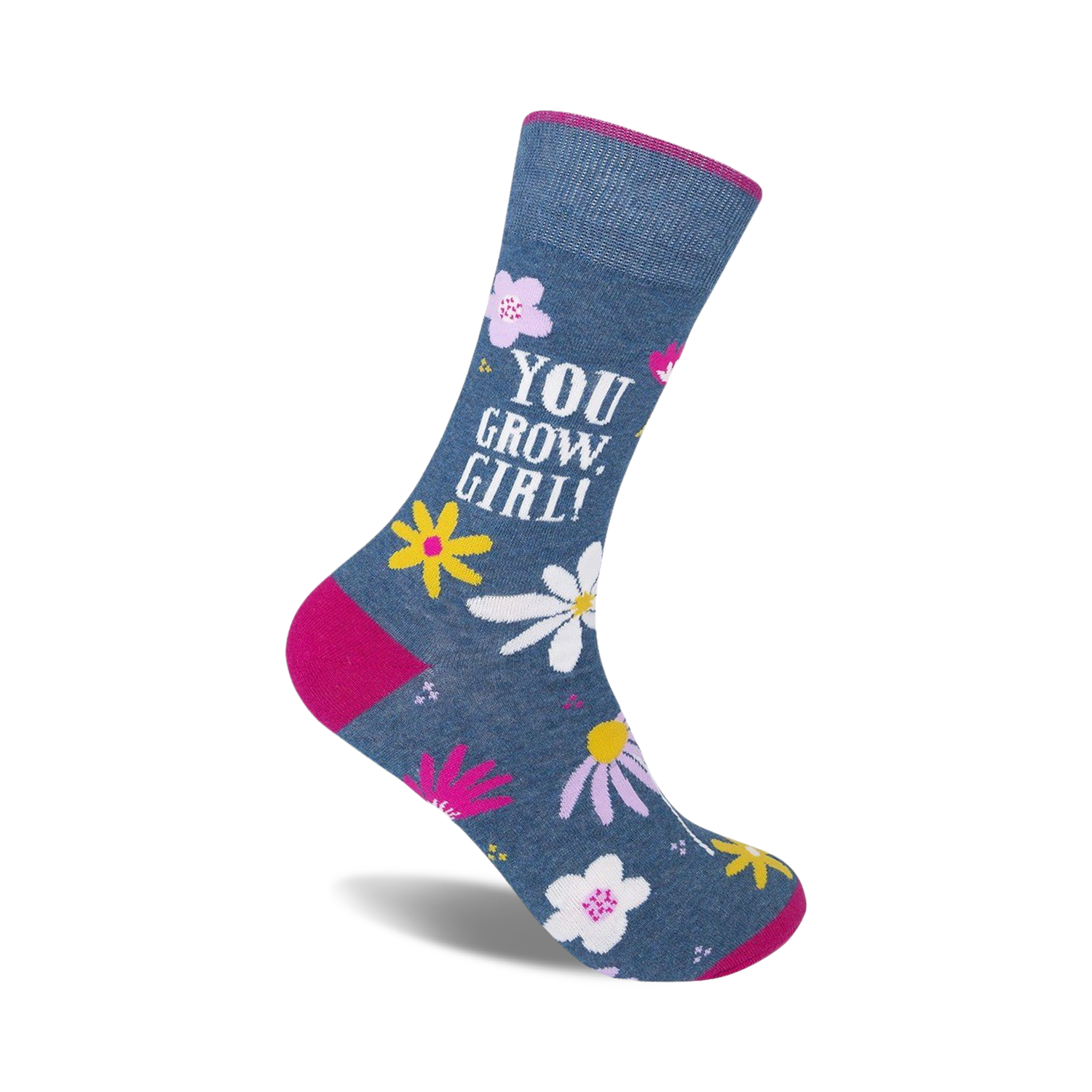 Crew socks in denim blue with pink accents. Features daisies and the text 'You Grow, Girl!'