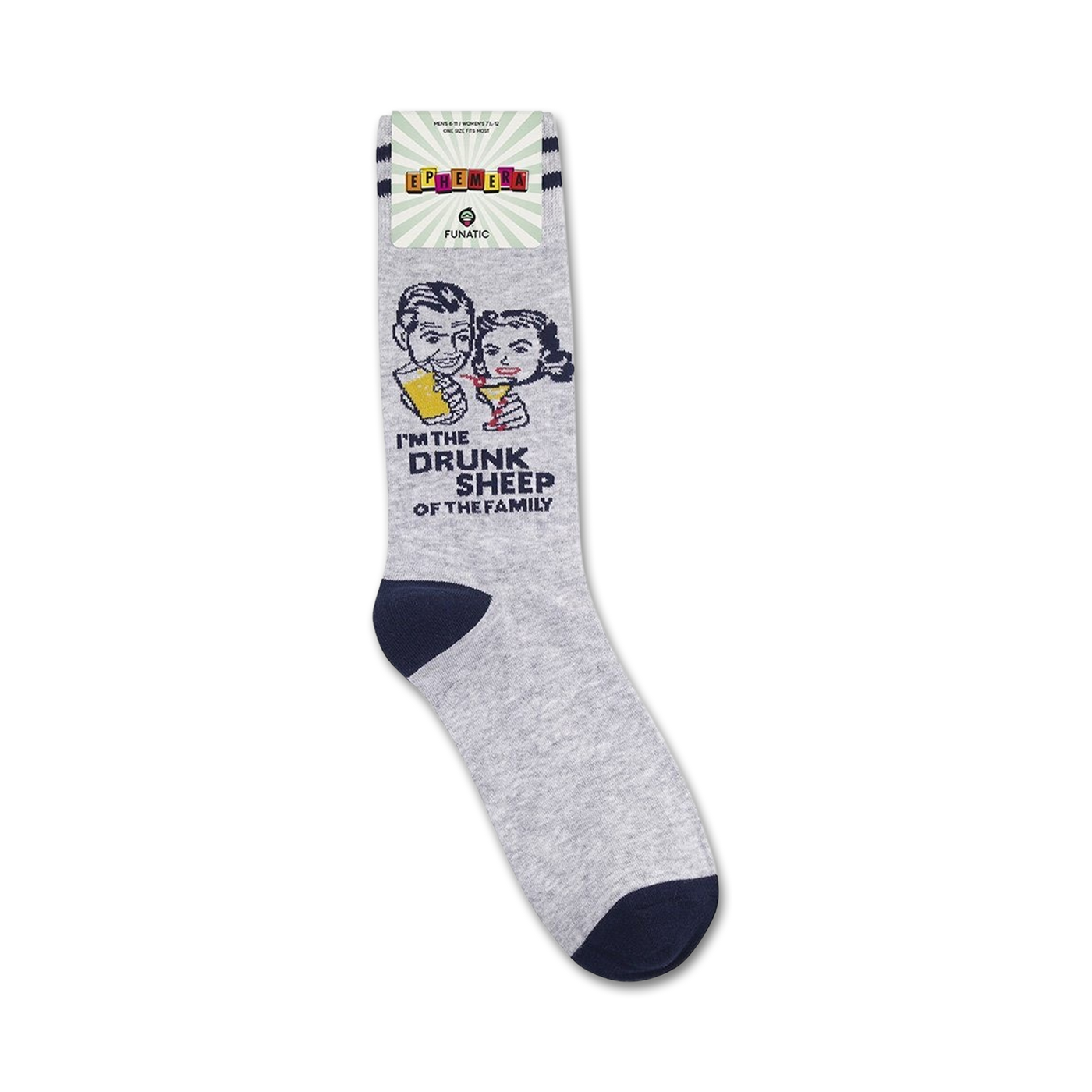 Full product shot of the 'Drunk Sheep' socks on a white background. Shows the packaging.