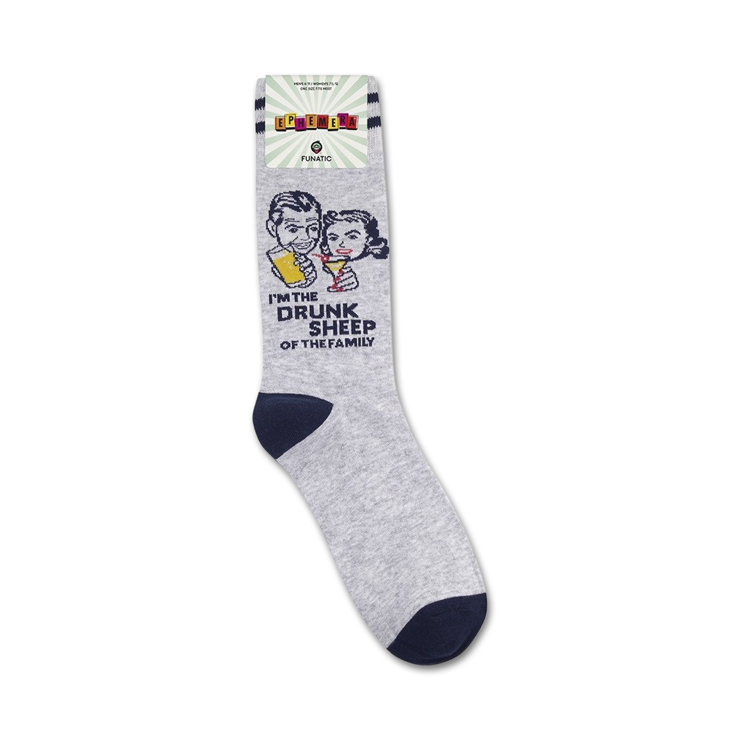 Full product shot of the 'Drunk Sheep' socks on a white background. Shows the packaging.