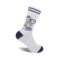 Crew socks in grey with navy blue stripes and a retro graphic of a man and woman drinking, with the text 'I'm the Drunk Sheep of the Family'.