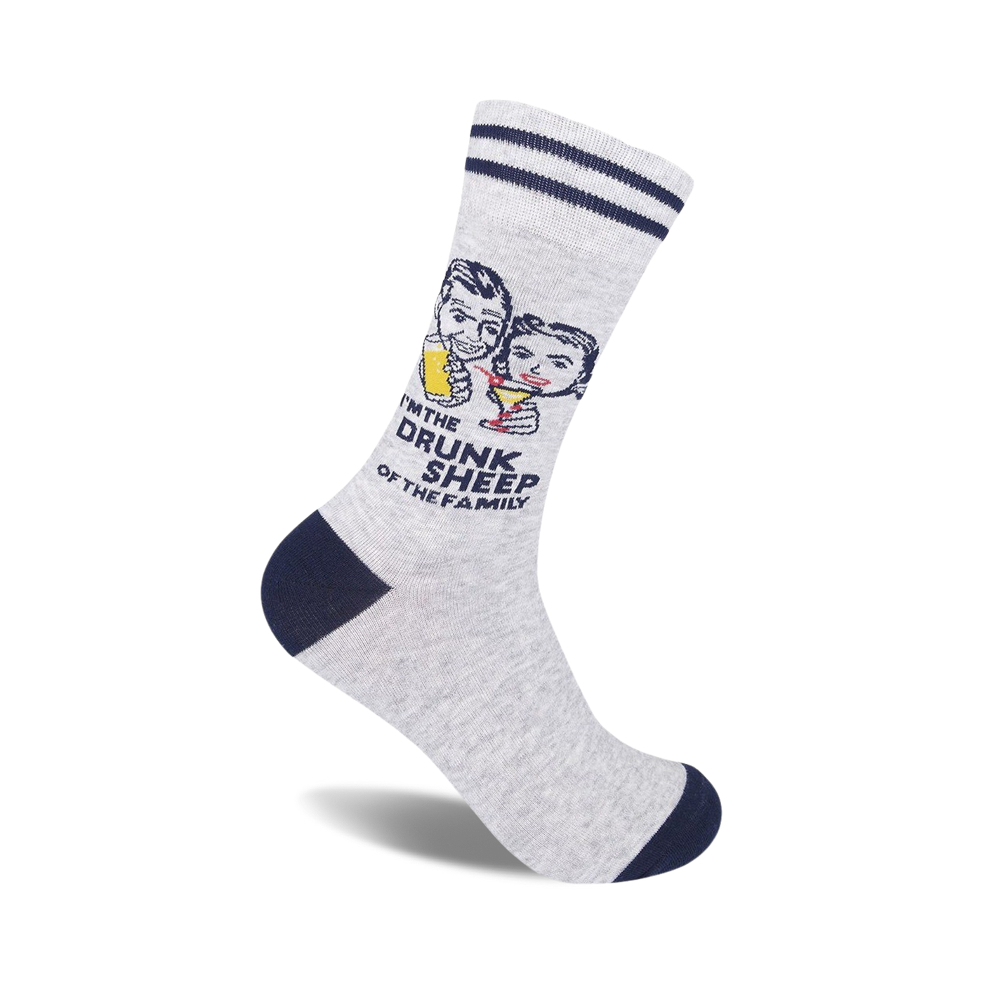 Crew socks in grey with navy blue stripes and a retro graphic of a man and woman drinking, with the text 'I'm the Drunk Sheep of the Family'.