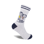 Crew socks in grey with navy blue stripes and a retro graphic of a man and woman drinking, with the text 'I'm the Drunk Sheep of the Family'.