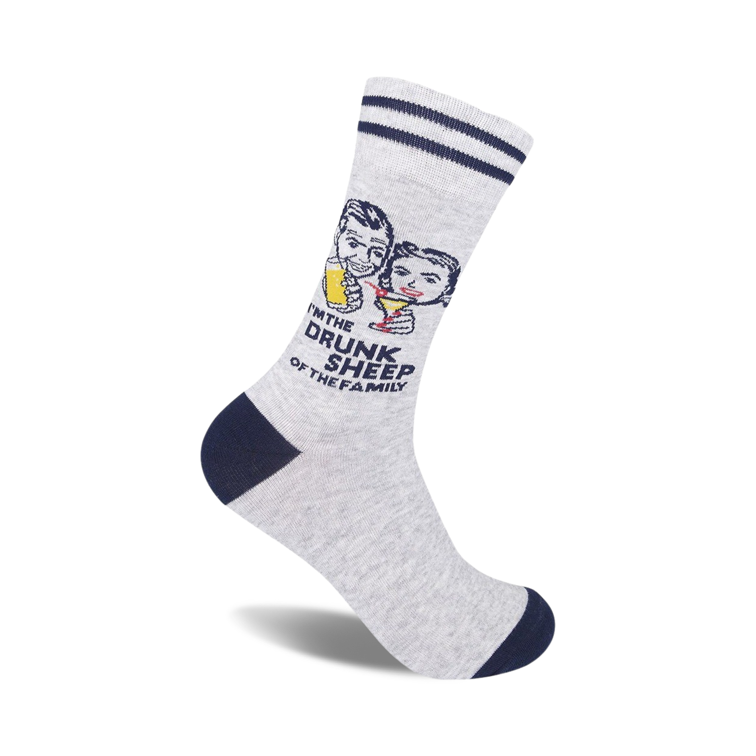 Crew socks in grey with navy blue stripes and a retro graphic of a man and woman drinking, with the text 'I'm the Drunk Sheep of the Family'.