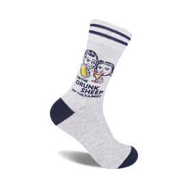 mens gray crew socks with cartoonish sheep in party hat holding martini glass and "i'm the drunk sheep of the family" text.   