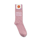 Lifestyle shot of 'World's Goodest Teacher' socks on a shelf in a store.