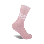 A pair of blush-pink crew socks with the text 'World's Goodest Teacher' in white.  Soft, comfy cotton.