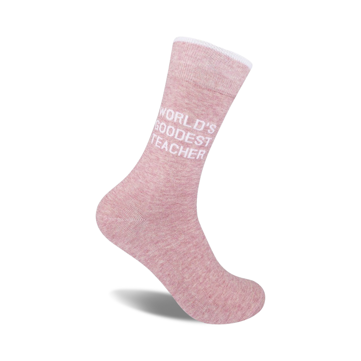 A pair of blush-pink crew socks with the text 'World's Goodest Teacher' in white.  Soft, comfy cotton.