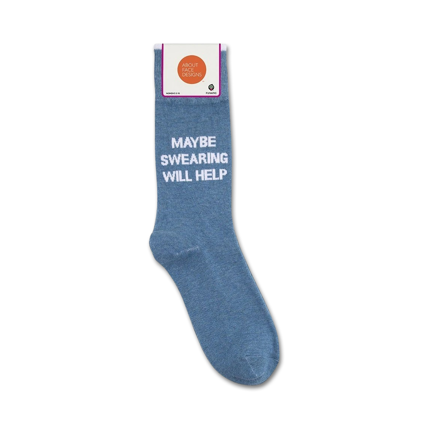 A flat lay image showing a pair of light blue 'Maybe Swearing Will Help' crew socks on a white background with a product tag.
