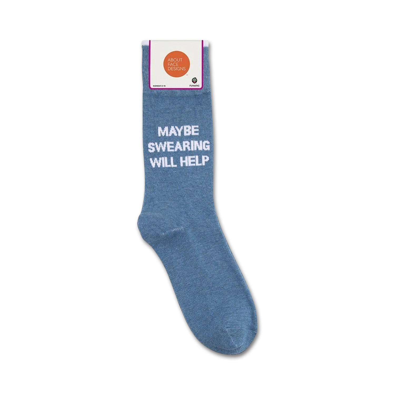 A flat lay image showing a pair of light blue 'Maybe Swearing Will Help' crew socks on a white background with a product tag.