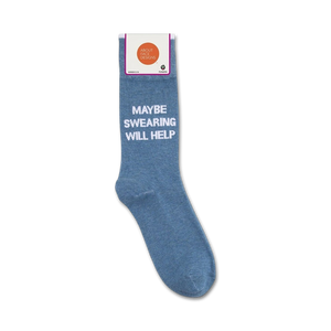 A pair of blue socks with white text that reads 