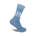 A single light-blue crew sock with the phrase 'Maybe Swearing Will Help' in white text.  The sock is shown from the side, angled.