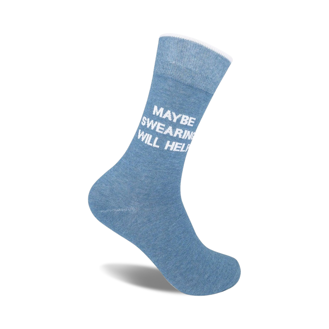 A single light-blue crew sock with the phrase 'Maybe Swearing Will Help' in white text.  The sock is shown from the side, angled.
