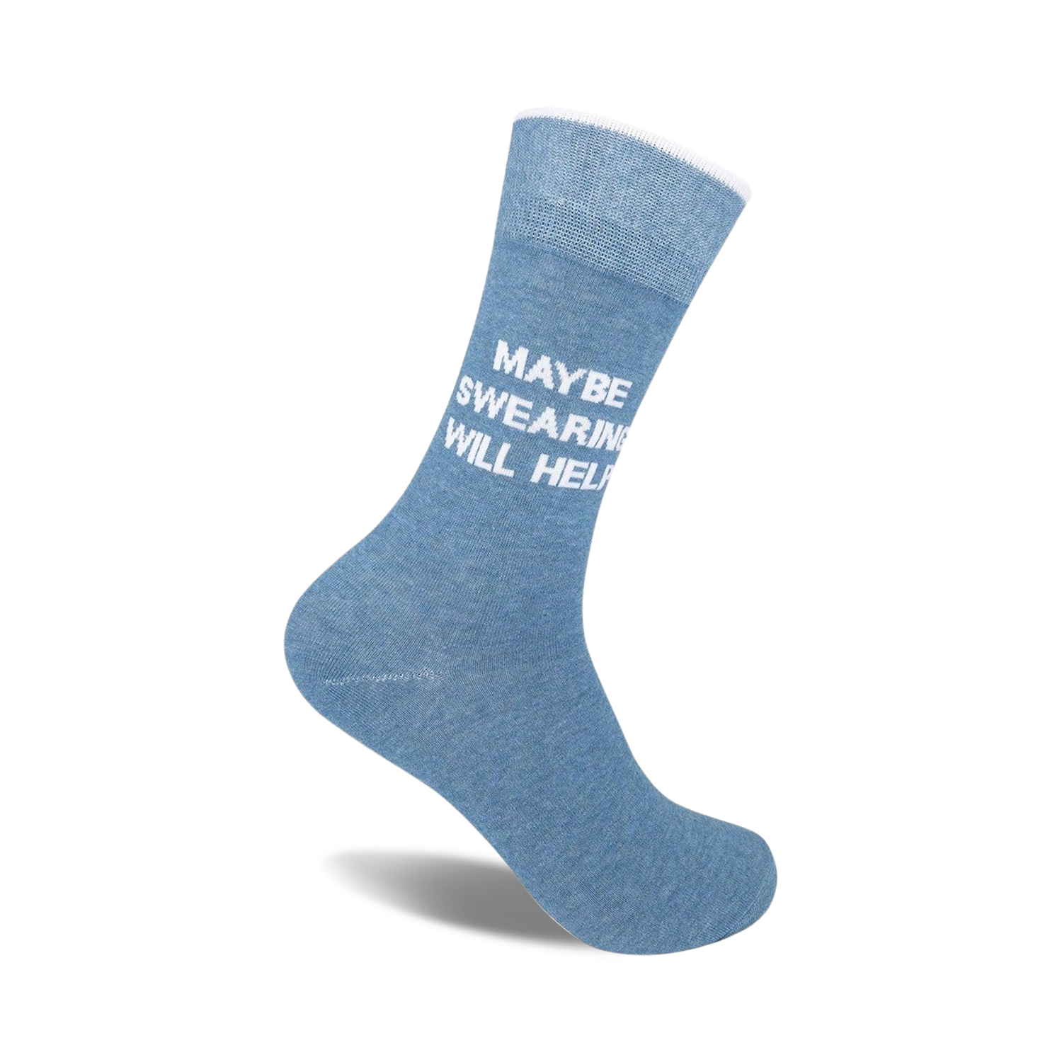 A single light-blue crew sock with the phrase 'Maybe Swearing Will Help' in white text.  The sock is shown from the side, angled.