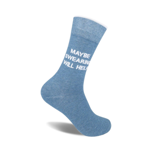 blue crew socks with white text reading 