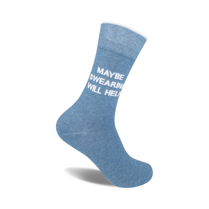 blue crew socks with white text reading 