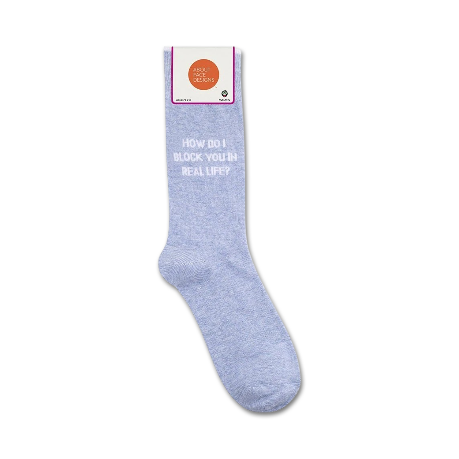 Product shot of 'How Do I Block You In Real Life?' socks on a white background, showing packaging.