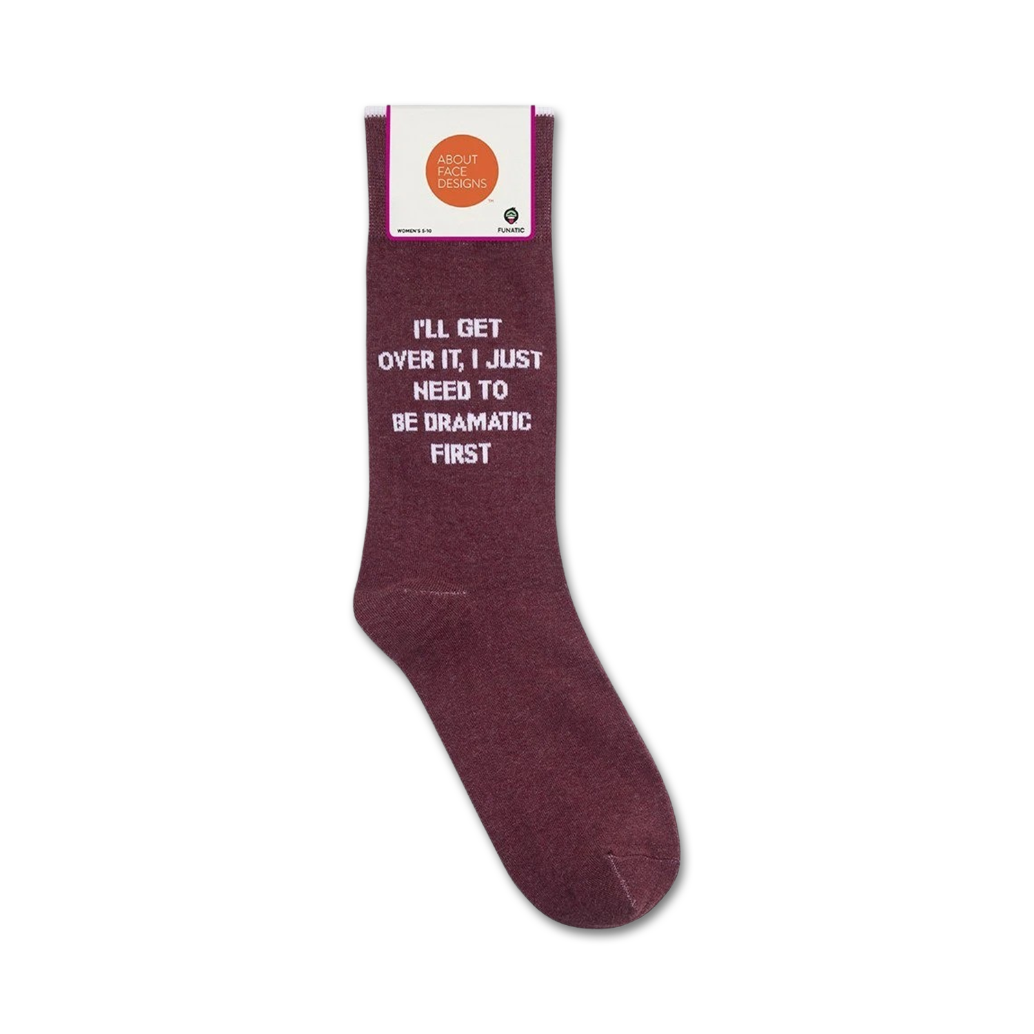 Product shot of 'I'll Get Over It' socks displayed on a white background, showing the packaging.
