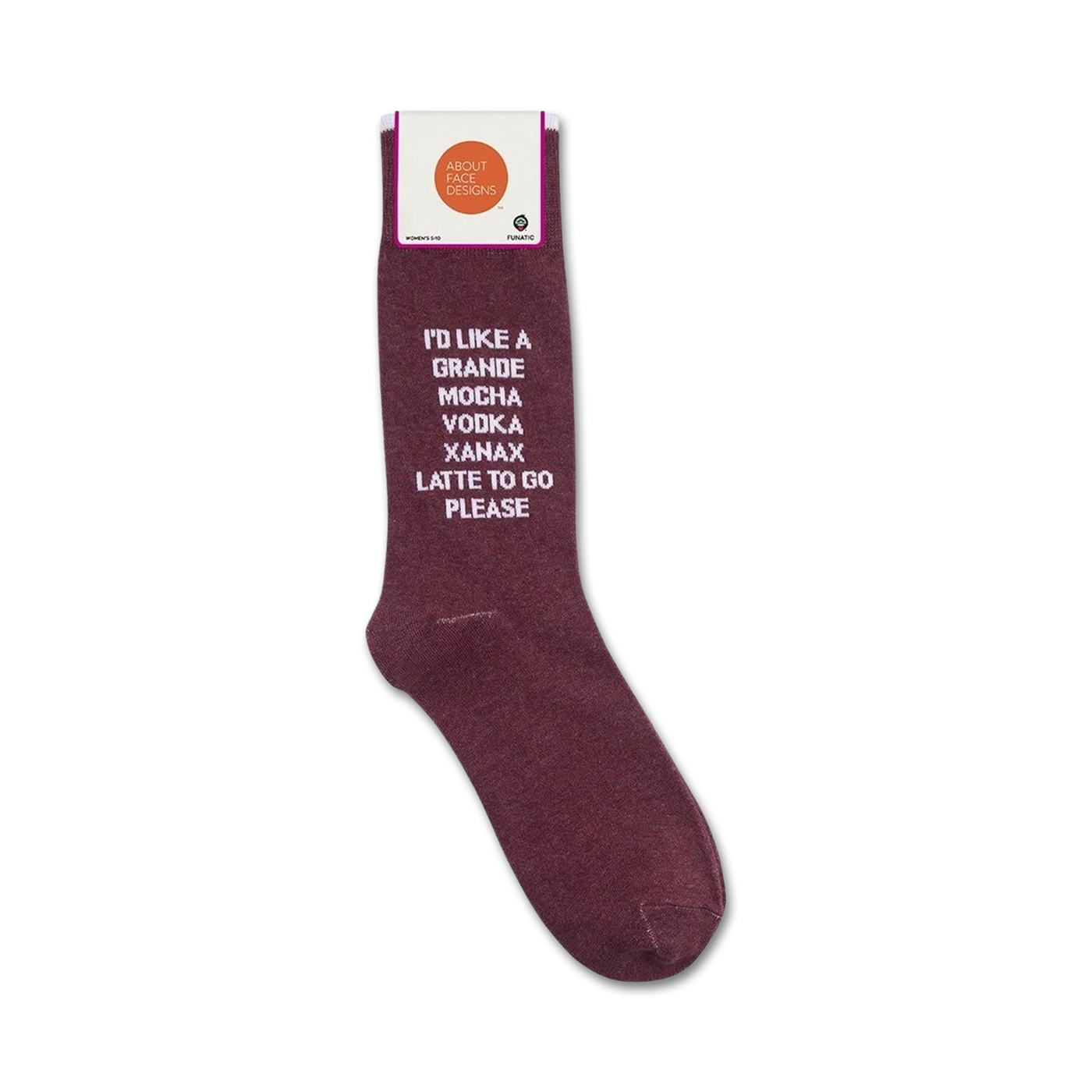 Close-up shot of the 'I'd Like A Grande Mocha Vodka Xanax Latte To Go Please' socks showing the sock's texture and design details.