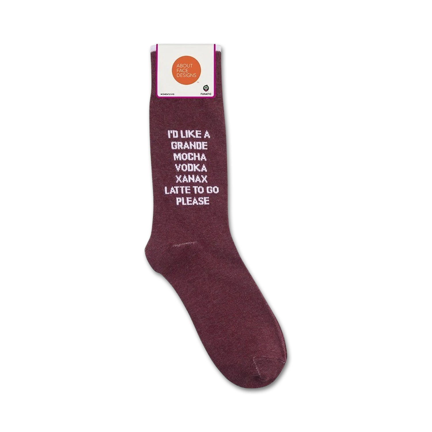 Close-up shot of the 'I'd Like A Grande Mocha Vodka Xanax Latte To Go Please' socks showing the sock's texture and design details.