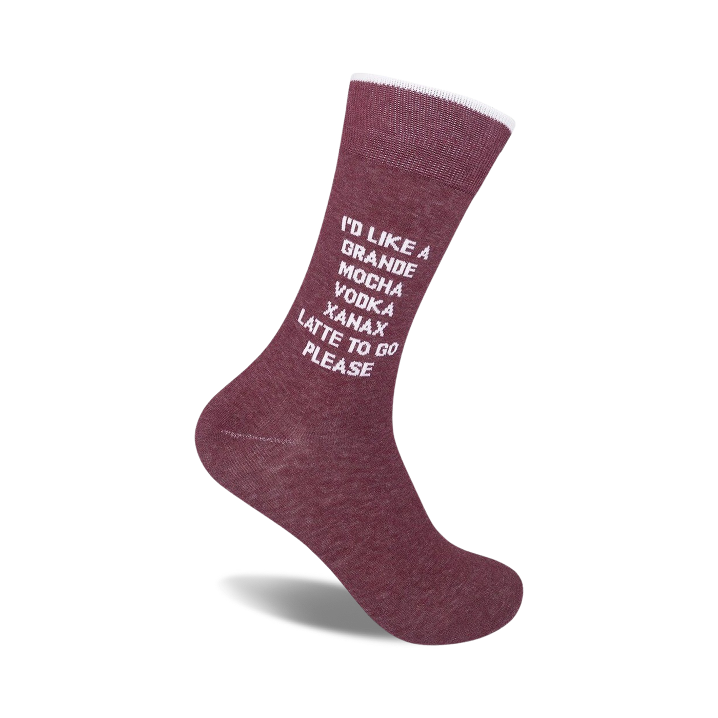 Burgundy crew socks with a white design that says, "I'd like a grande mocha vodka xanax latte to go please."