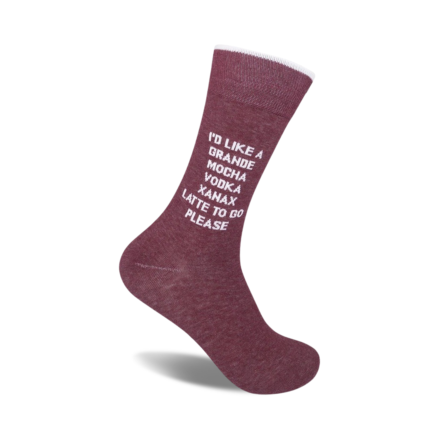 Burgundy crew socks with a white design that says, "I'd like a grande mocha vodka xanax latte to go please."
