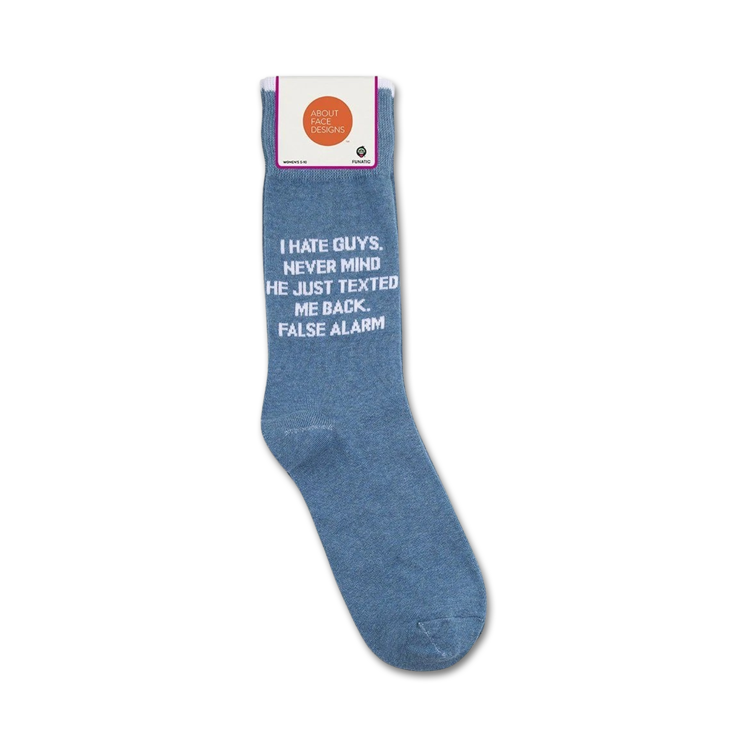 A flat lay image showing the 'I Hate Guys. Nevermind, He Texted Me Back. False Alarm.' socks with their packaging.
