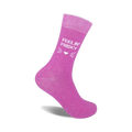 Pink crew socks with a white 'Feelin' Frisky' text and cute cat whiskers and heart design.