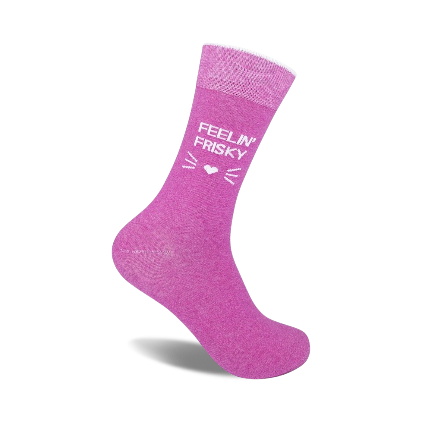 Pink crew socks with a white 'Feelin' Frisky' text and cute cat whiskers and heart design.