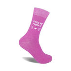 Pink crew socks with a white 'Feelin' Frisky' text and cute cat whiskers and heart design.