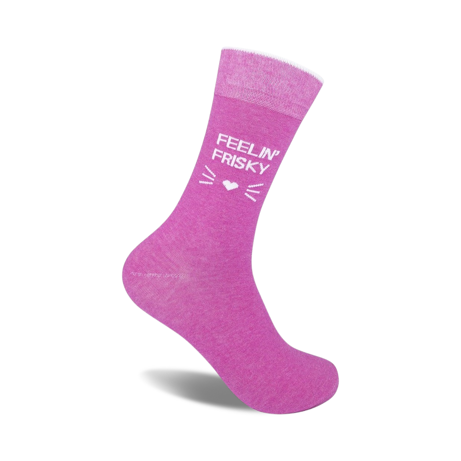 Pink crew socks with a white 'Feelin' Frisky' text and cute cat whiskers and heart design.