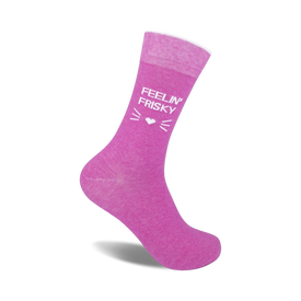 pink crew socks with "feelin' frisky" text and white cat face.  