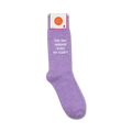 Product shot showing lavender 'The Tiny Humans Stole My Sanity' socks in their packaging.