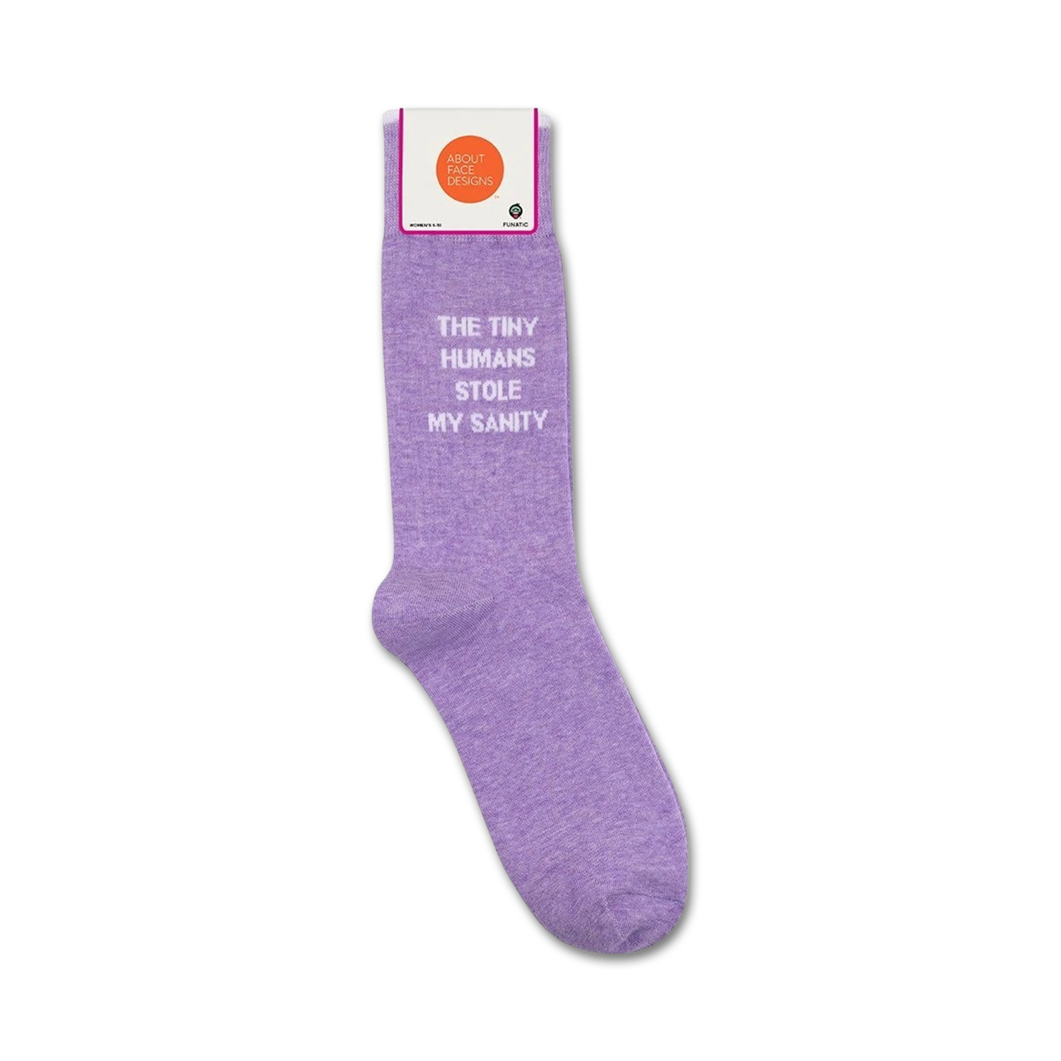 Product shot showing lavender 'The Tiny Humans Stole My Sanity' socks in their packaging.