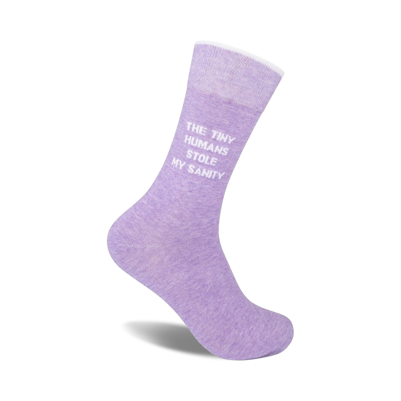 Lavender crew socks with the text 'The Tiny Humans Stole My Sanity' in white. 