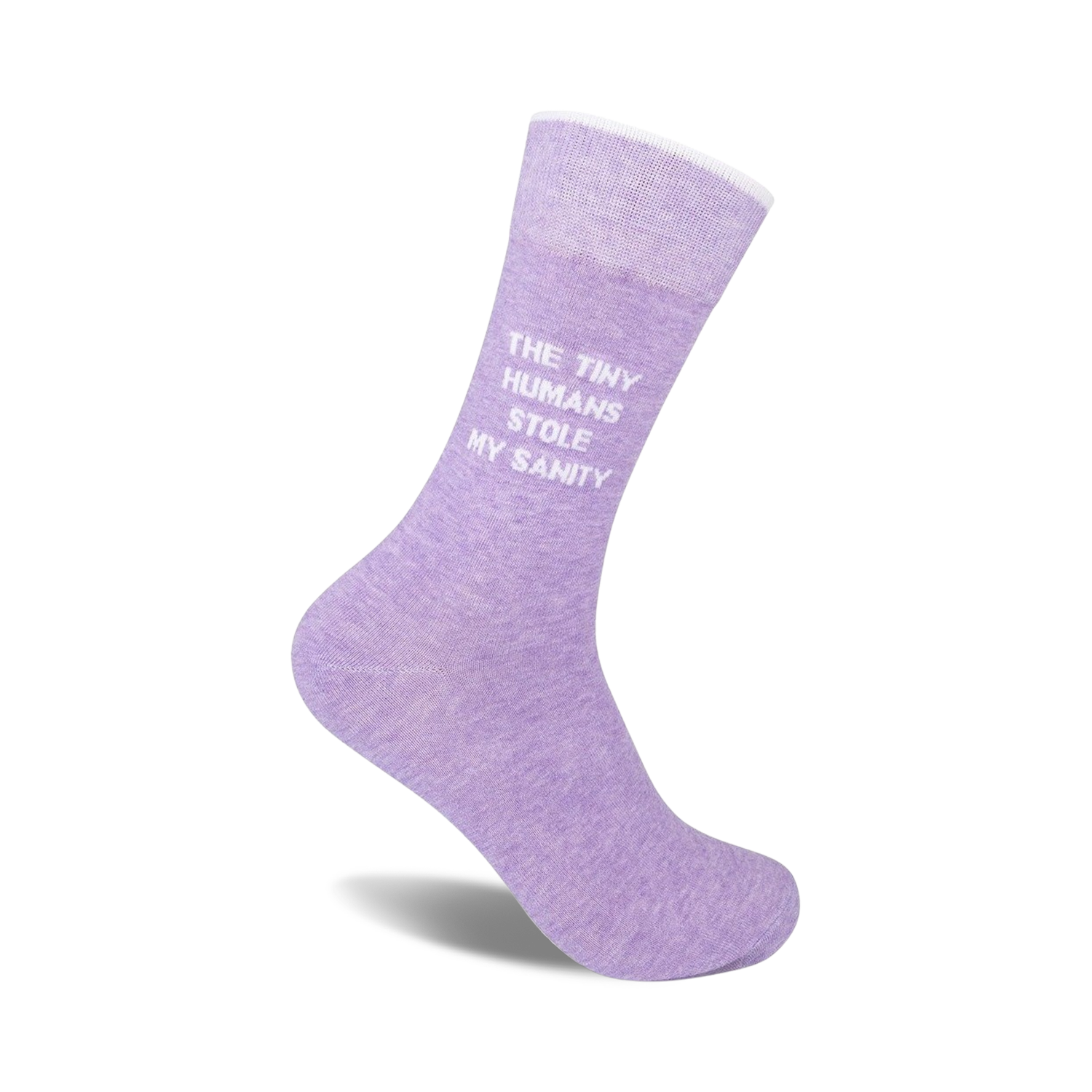 Lavender crew socks with the text 'The Tiny Humans Stole My Sanity' in white. 