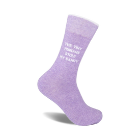  purple crew socks with white text 'the tiny humans stole my sanity' for men and women with sassy design.  