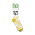Honey socks displayed on a product package, showing off the design and brand logo.