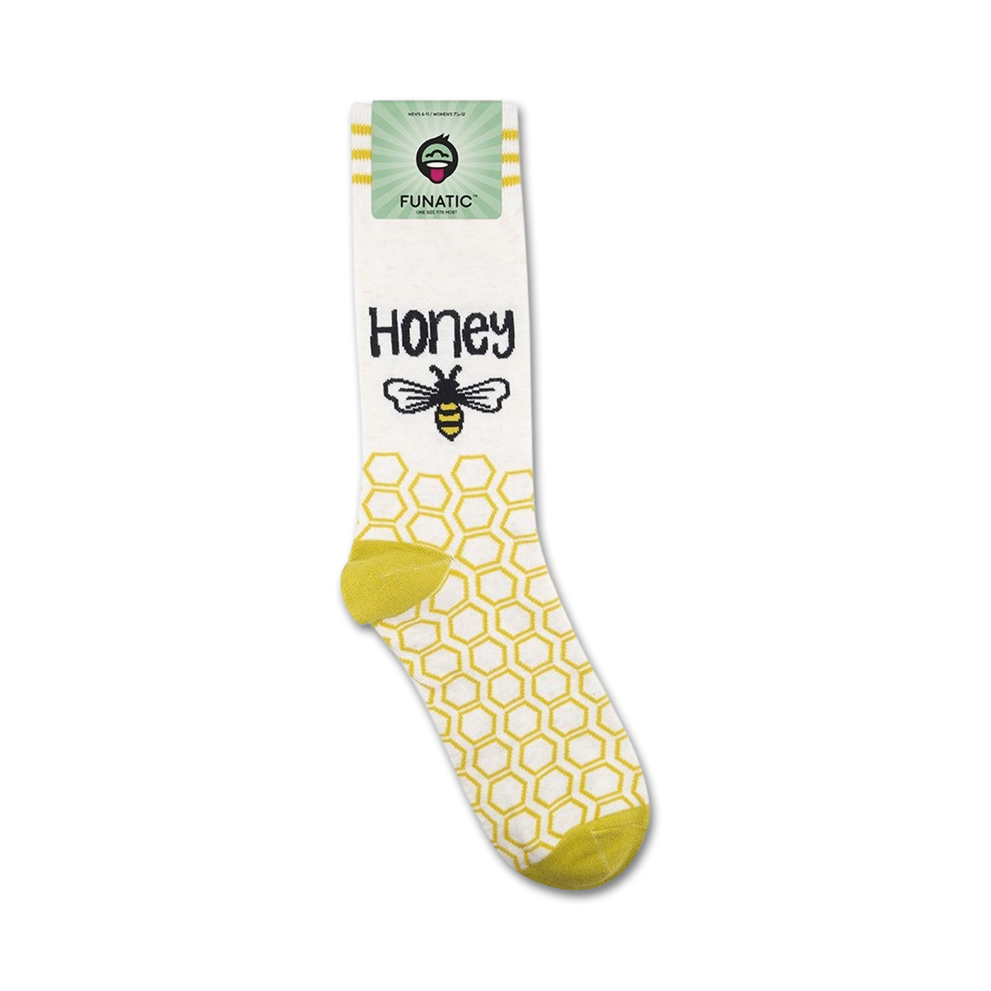 Honey socks displayed on a product package, showing off the design and brand logo.