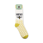 Honey socks displayed on a product package, showing off the design and brand logo.