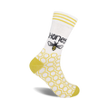 Cream crew socks with yellow honeycomb pattern, yellow stripes near the top, and a cute bee graphic with the word 'Honey'.
