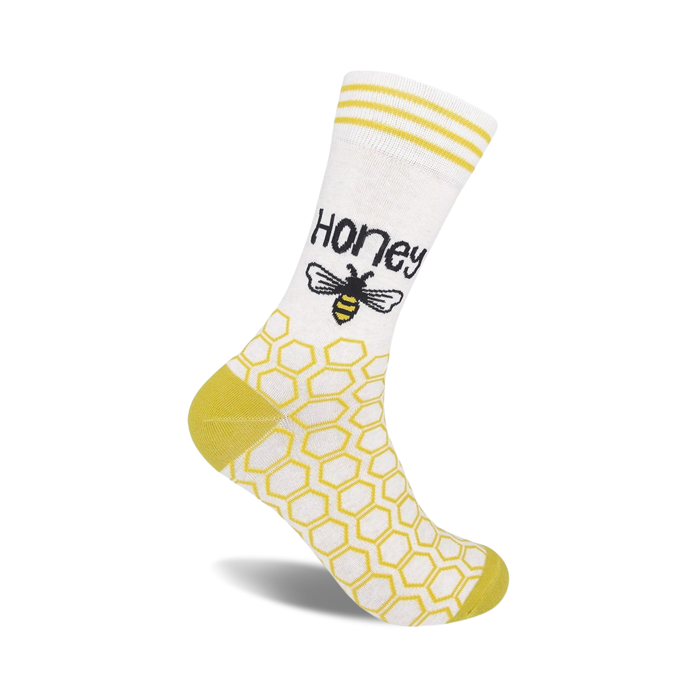 Cream crew socks with yellow honeycomb pattern, yellow stripes near the top, and a cute bee graphic with the word 'Honey'.