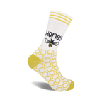 Cream crew socks with yellow honeycomb pattern, yellow stripes near the top, and a cute bee graphic with the word 'Honey'.
