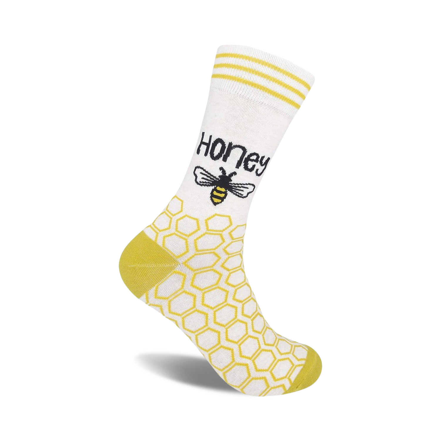Cream crew socks with yellow honeycomb pattern, yellow stripes near the top, and a cute bee graphic with the word 'Honey'.