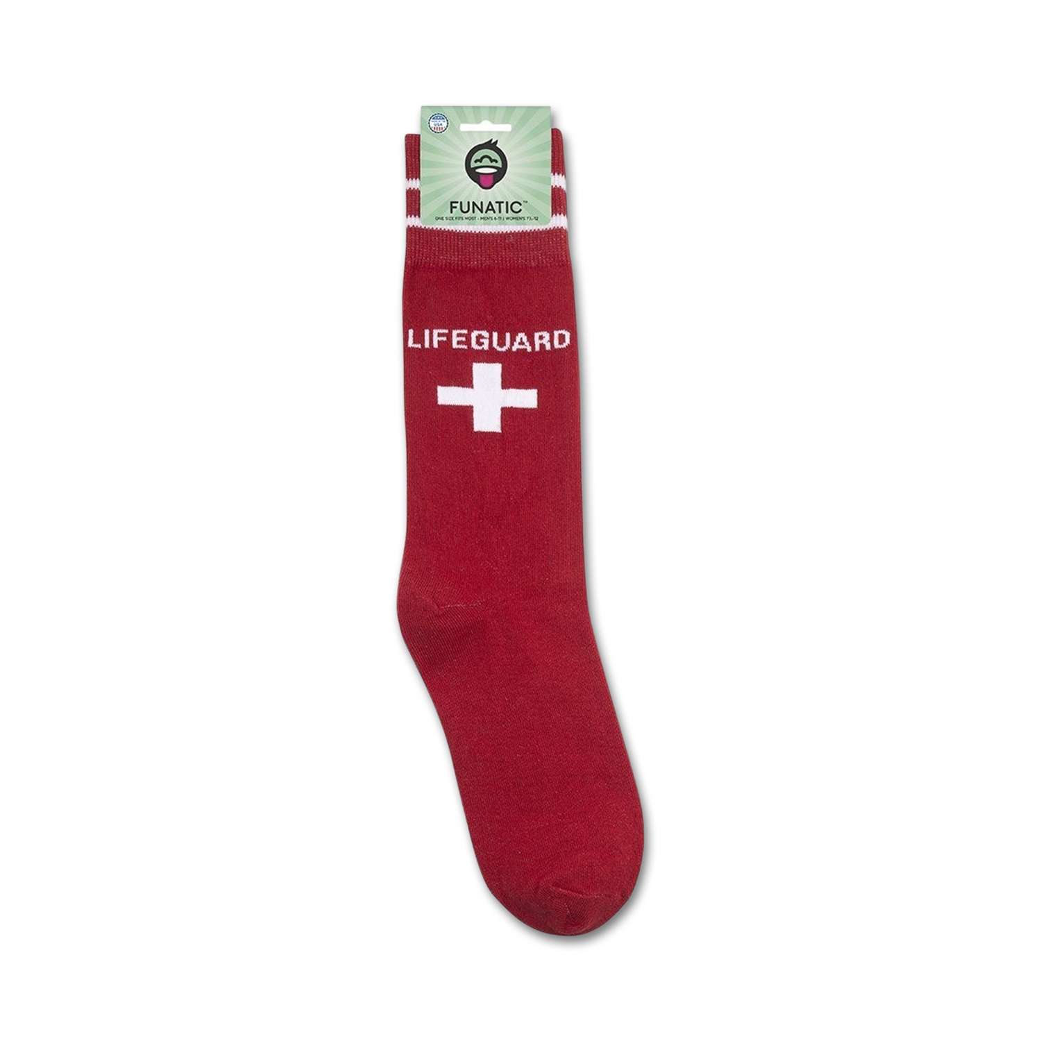 Lifeguard socks displayed on their packaging.