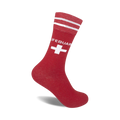 Red crew socks with white stripes and a white lifeguard cross.  'Lifeguard' is written above the cross.